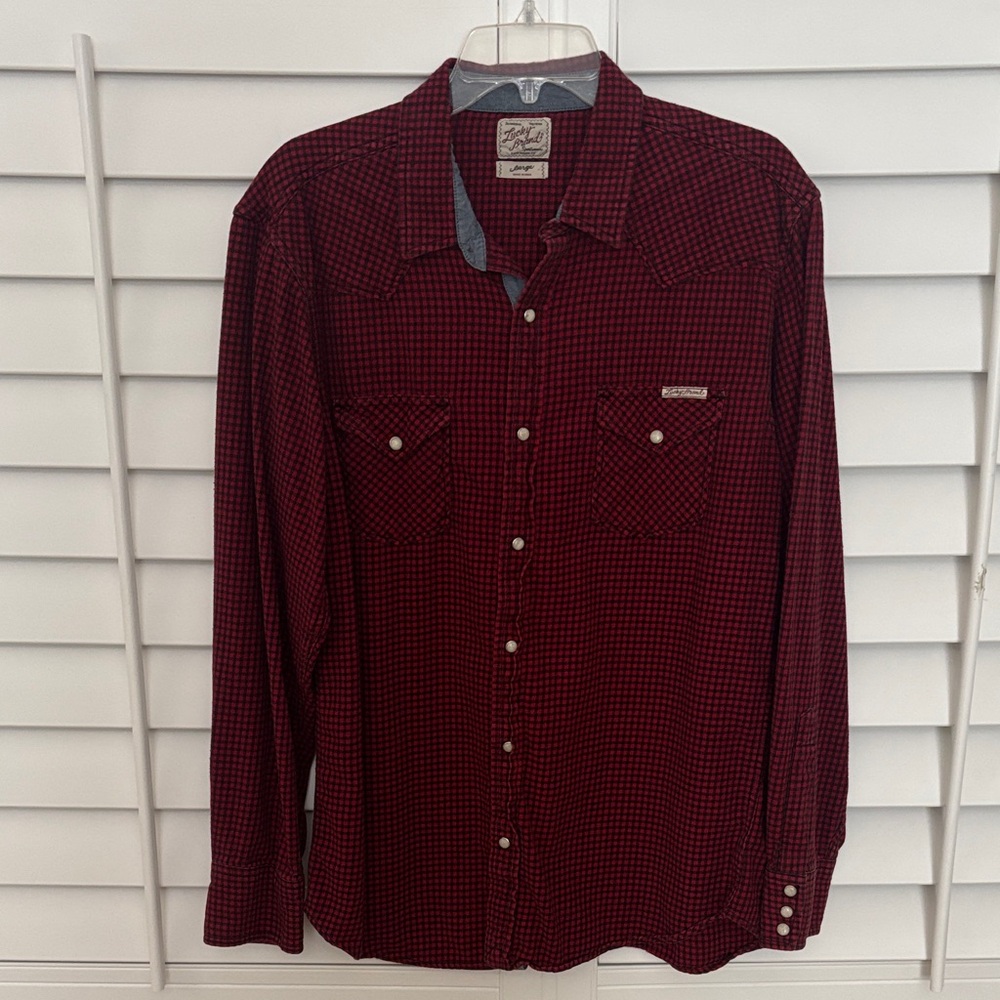 Lucky Brand Long Sleeve Red Black Plaid Flannel Button Down Shirt Size Large